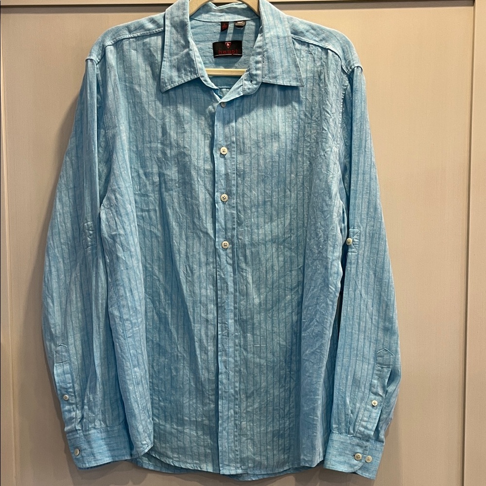 Haupt  92% linen Men's Light Blue Striped long sleeve Shirt with roll up tabs